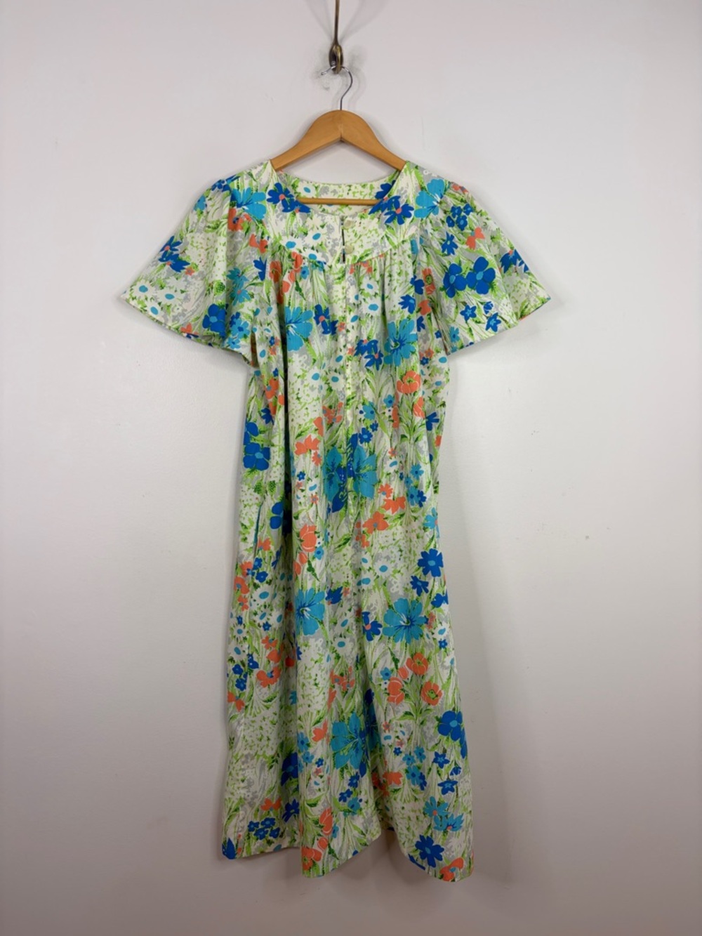 Handmade Housedress Womens Large XL Blue Green Floral Zip Robe Retro 60s Granny